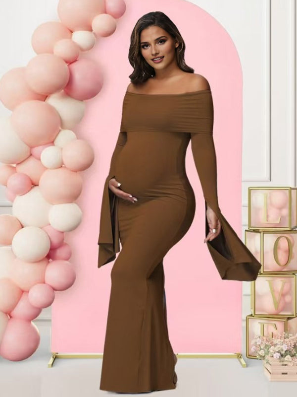 fotobeyou Off Shoulder Flutter Sleeve Maternity Baby Shower Maxi Dress