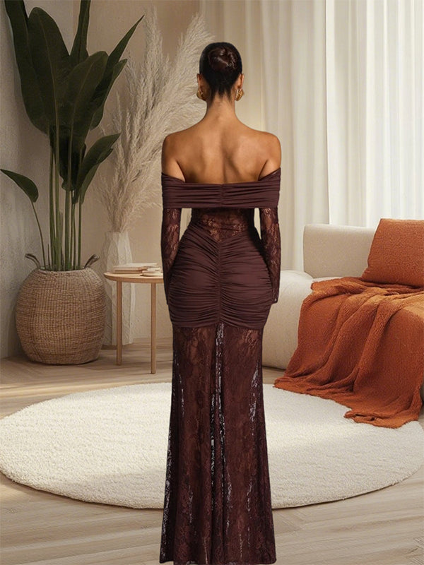 fotobeyou Off Shoulder Lace Ruched Mermaid Baby Shower Maternity Maxi Dress