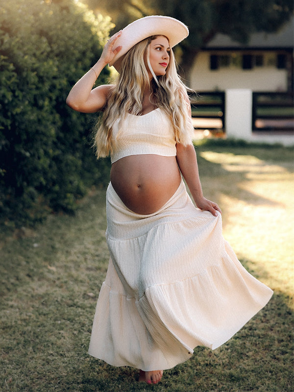 fotobeyou Lvory 2 Pieces Smocked Flowy Photoshoot Maternity Maxi Dress