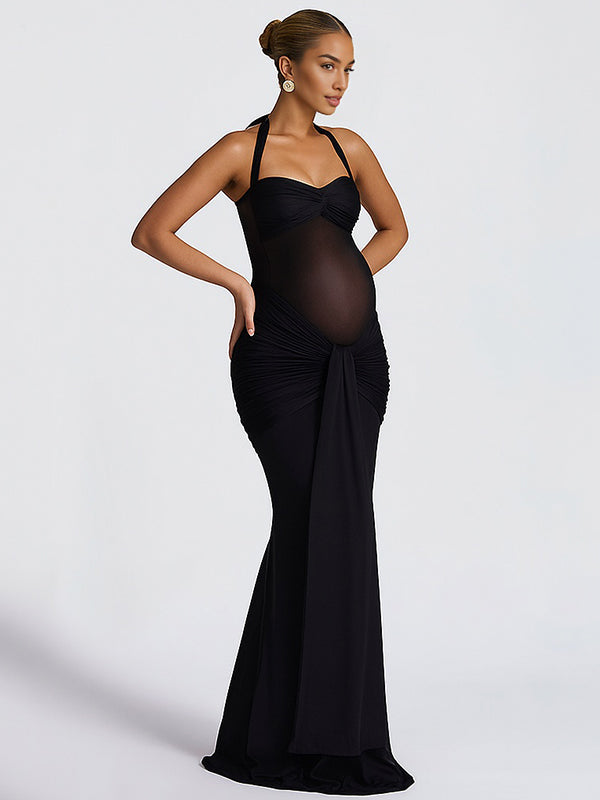 fotobeyou Mesh Ruched Draped Halter Neck Backless Maternity Maxi Dress