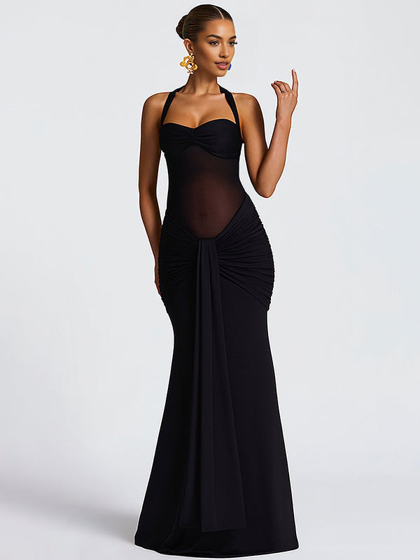 fotobeyou Mesh Ruched Draped Halter Neck Backless Maternity Maxi Dress