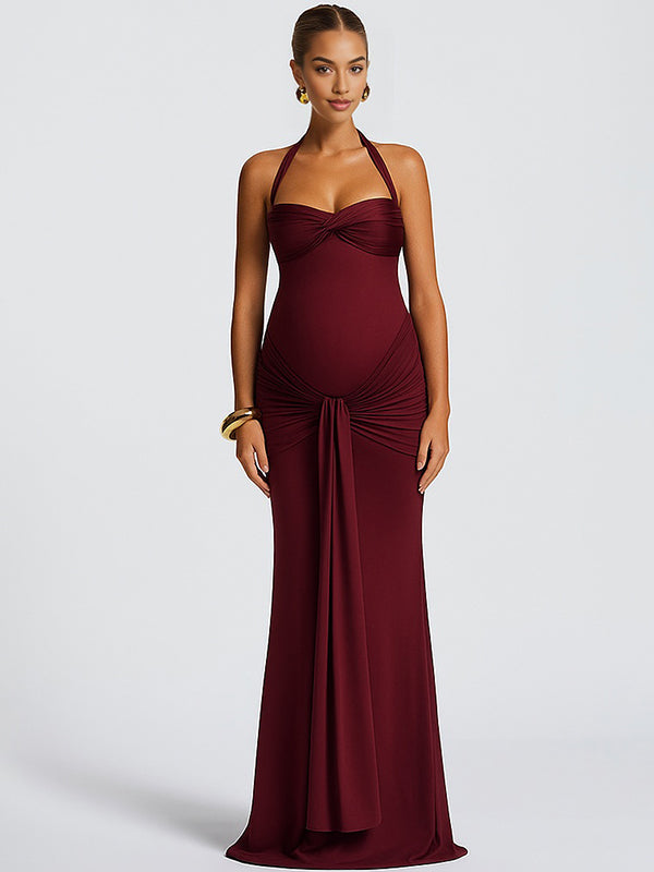fotobeyou Mesh Ruched Draped Halter Neck Backless Maternity Maxi Dress