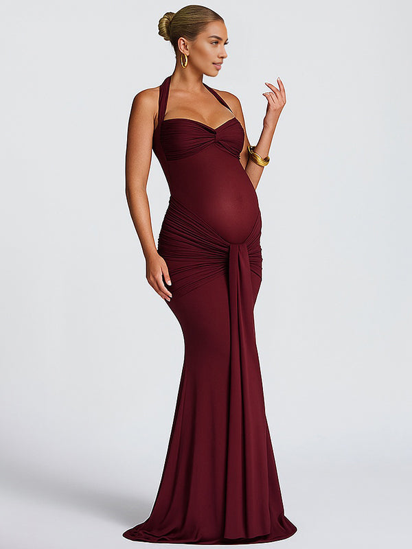 fotobeyou Mesh Ruched Draped Halter Neck Backless Maternity Maxi Dress