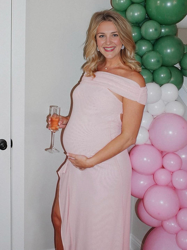 fotobeyou Pink Mesh Off Shoulder Ruched Ruffle Side Slit Maternity Maxi Dress