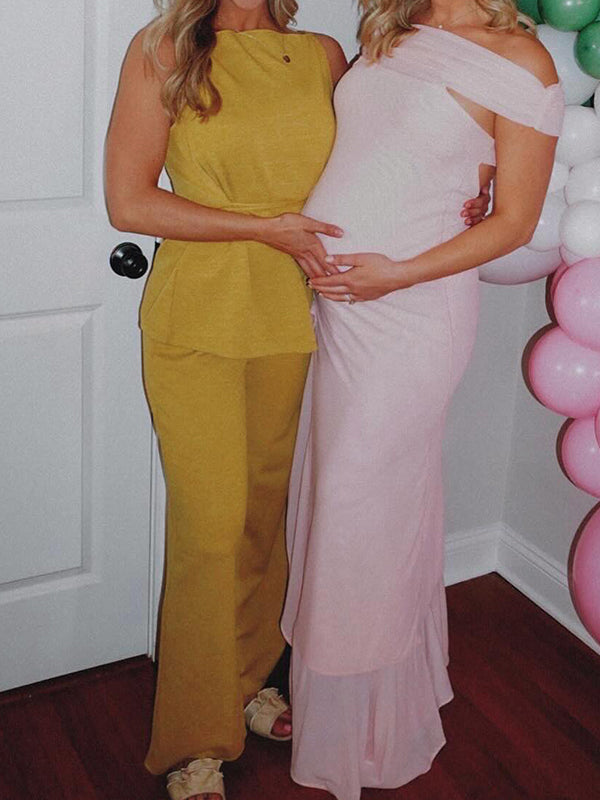 fotobeyou Pink Mesh Off Shoulder Ruched Ruffle Side Slit Maternity Maxi Dress