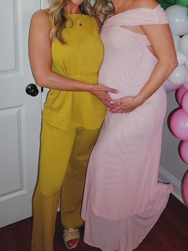 fotobeyou Pink Mesh Off Shoulder Ruched Ruffle Side Slit Maternity Maxi Dress