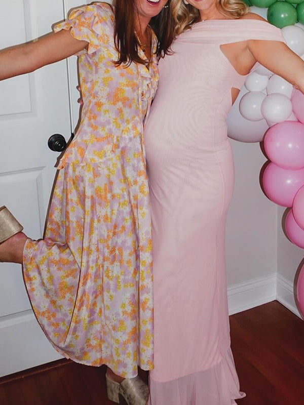 fotobeyou Pink Mesh Off Shoulder Ruched Ruffle Side Slit Maternity Maxi Dress