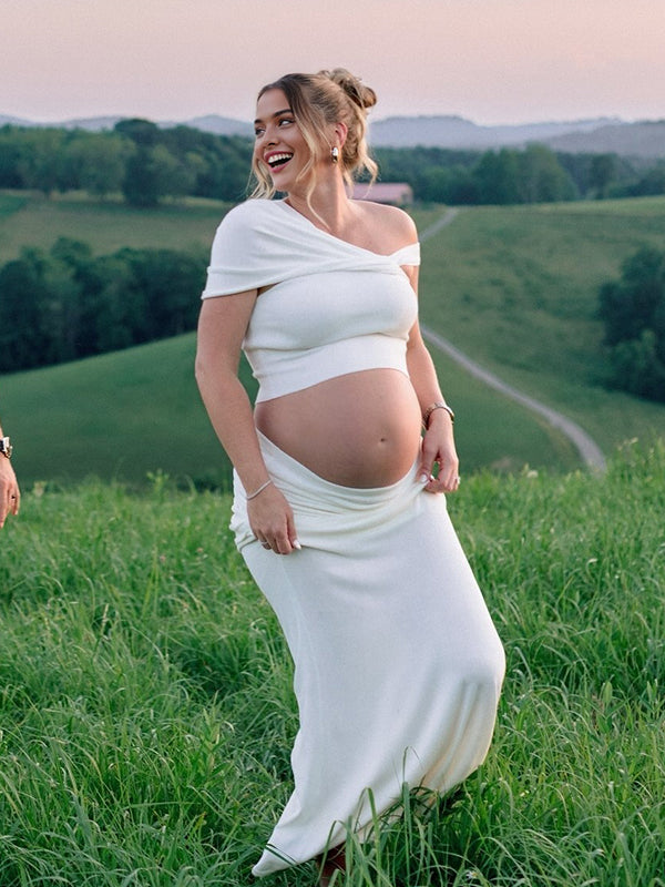 fotobeyou White One Shoulder Ruched Crop Two Piece Set Maternity Maxi Dress