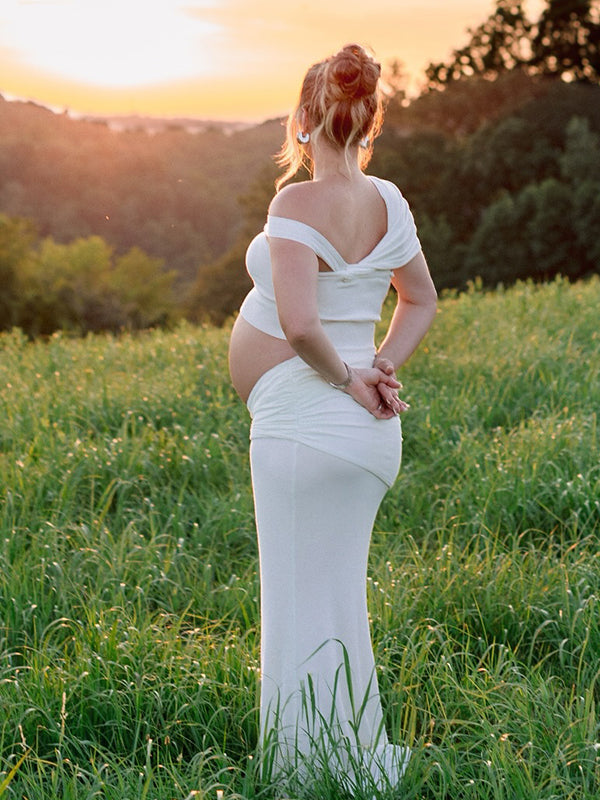 fotobeyou White One Shoulder Ruched Crop Two Piece Set Maternity Maxi Dress