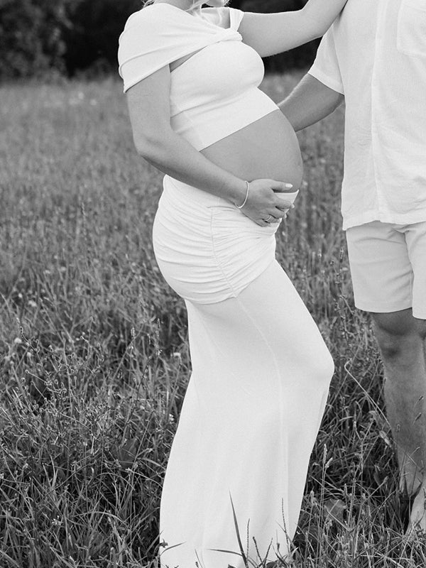 fotobeyou White One Shoulder Ruched Crop Two Piece Set Maternity Maxi Dress