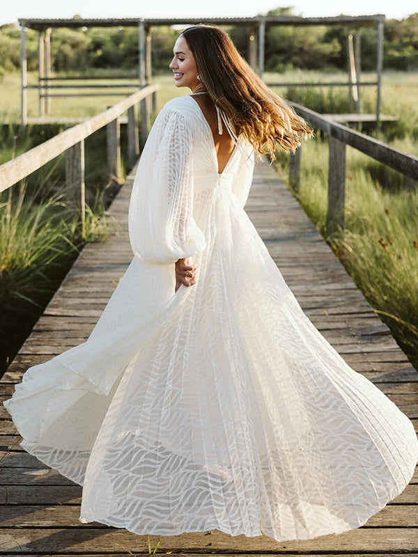 fotobeyou Cream White Ruched Backless Big Swing Lantern Sleeve Boho Maternity Maxi Dress
