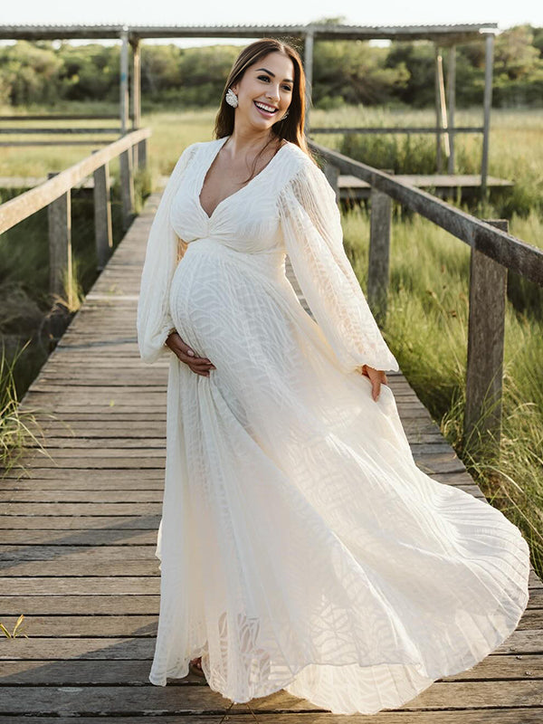 fotobeyou Cream White Ruched Backless Big Swing Lantern Sleeve Boho Maternity Maxi Dress