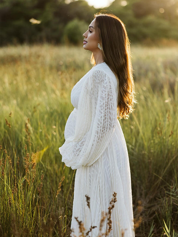 fotobeyou Cream White Ruched Backless Big Swing Lantern Sleeve Boho Maternity Maxi Dress