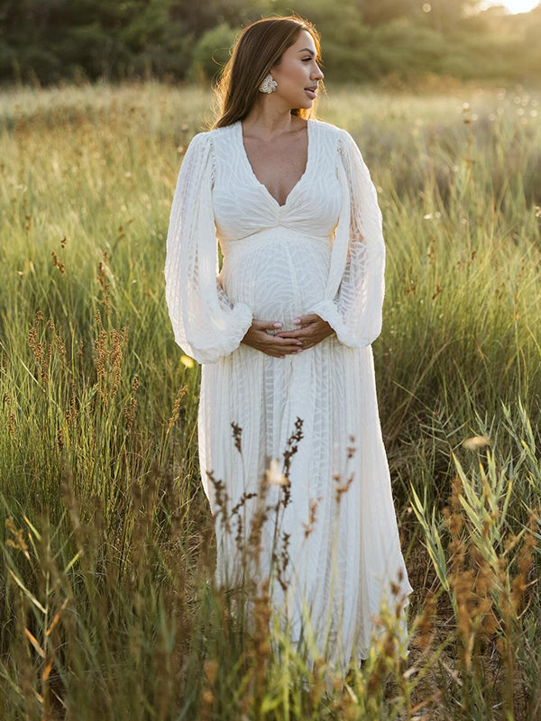 fotobeyou Cream White Ruched Backless Big Swing Lantern Sleeve Boho Maternity Maxi Dress