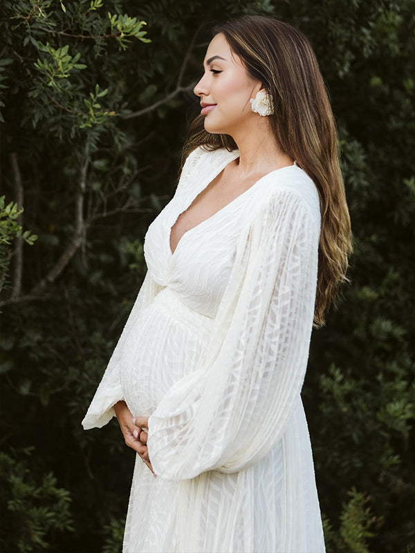 fotobeyou Cream White Ruched Backless Big Swing Lantern Sleeve Boho Maternity Maxi Dress
