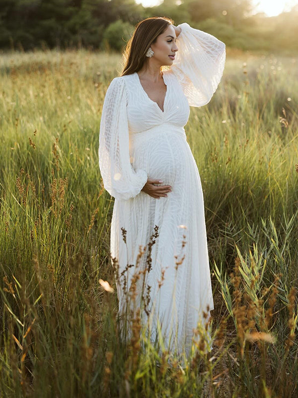 fotobeyou Cream White Ruched Backless Big Swing Lantern Sleeve Boho Maternity Maxi Dress
