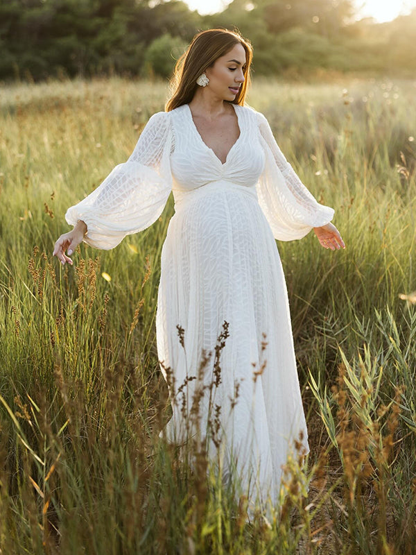 fotobeyou Cream White Ruched Backless Big Swing Lantern Sleeve Boho Maternity Maxi Dress