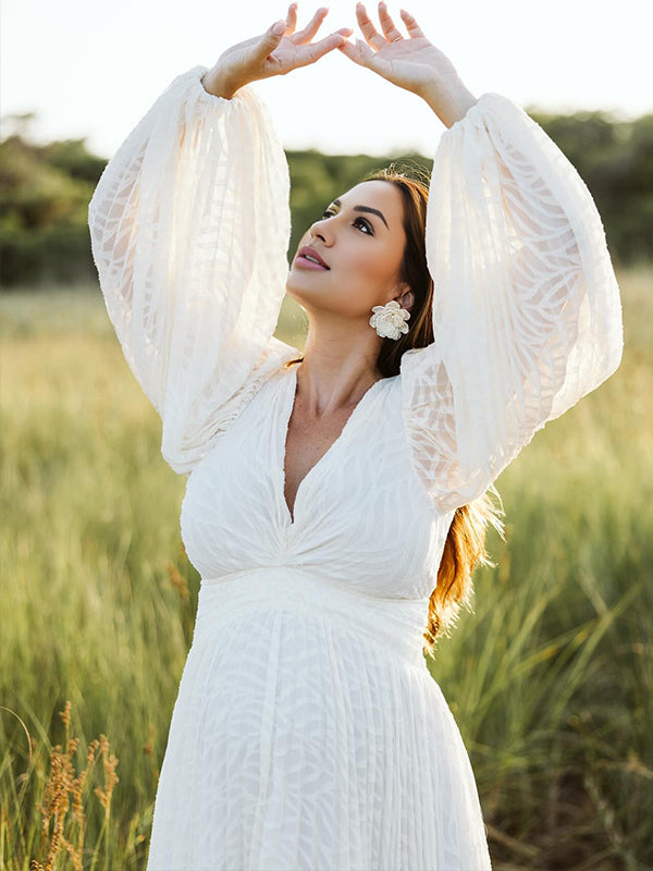 fotobeyou Cream White Ruched Backless Big Swing Lantern Sleeve Boho Maternity Maxi Dress