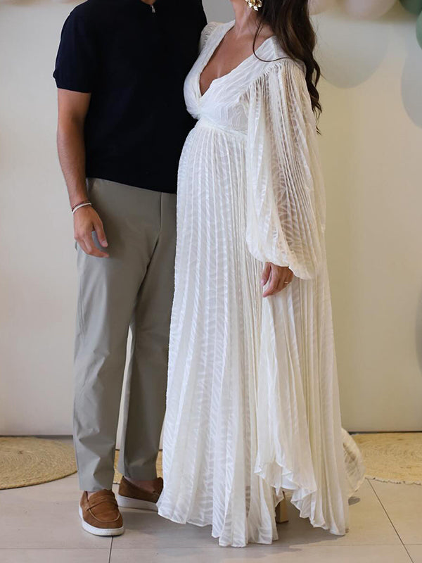 fotobeyou Cream White Ruched Backless Big Swing Maternity Maxi Dress