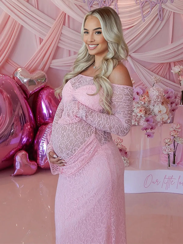 fotobeyou Pink Lace Off Shoulder Ruched Bodice Sheer Maternity Maxi Dress
