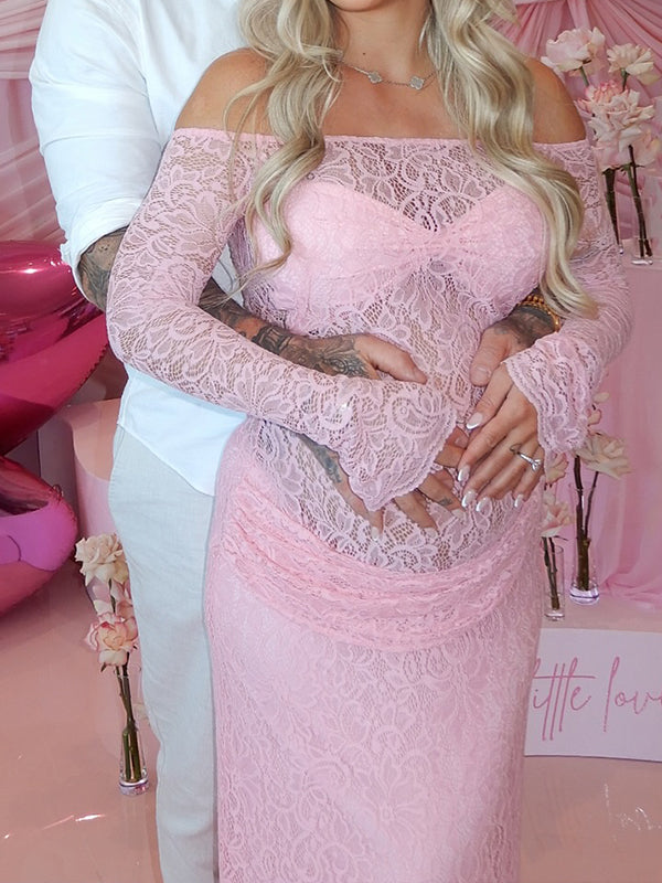 fotobeyou Pink Lace Off Shoulder Ruched Bodice Sheer Maternity Maxi Dress
