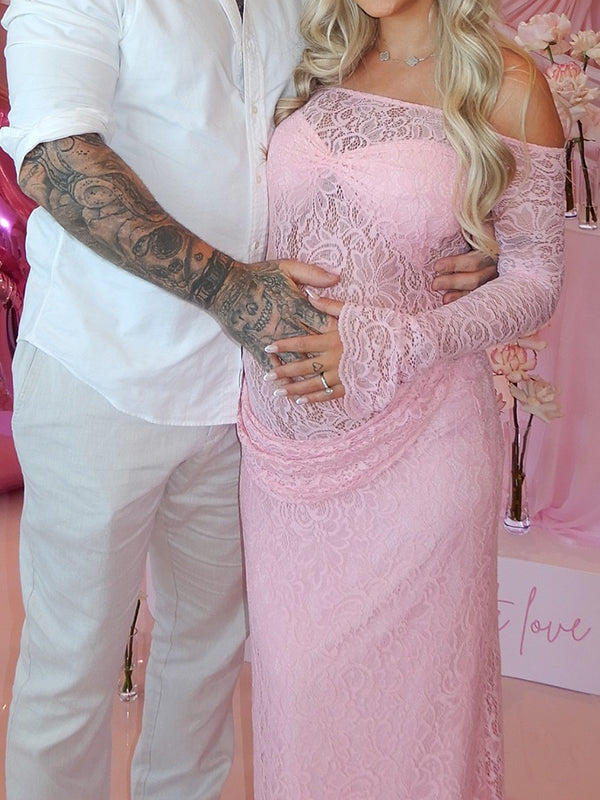 fotobeyou Pink Lace Off Shoulder Ruched Bodice Sheer Maternity Maxi Dress