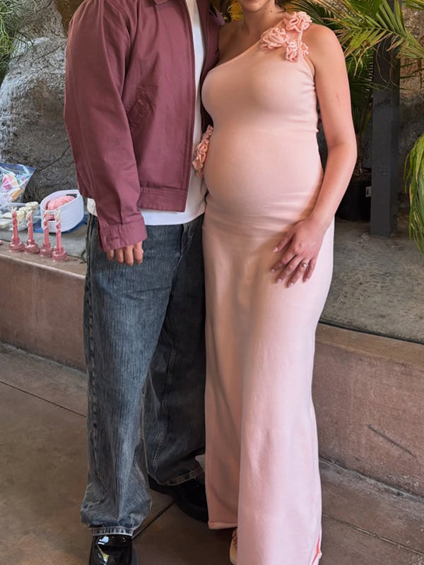fotobeyou Pink Knit 3D Flowers One Shoulder Mermaid Maternity Maxi Dress