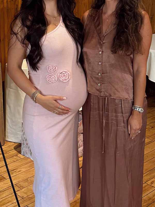 fotobeyou Pink Knit 3D Flowers One Shoulder Mermaid Maternity Maxi Dress