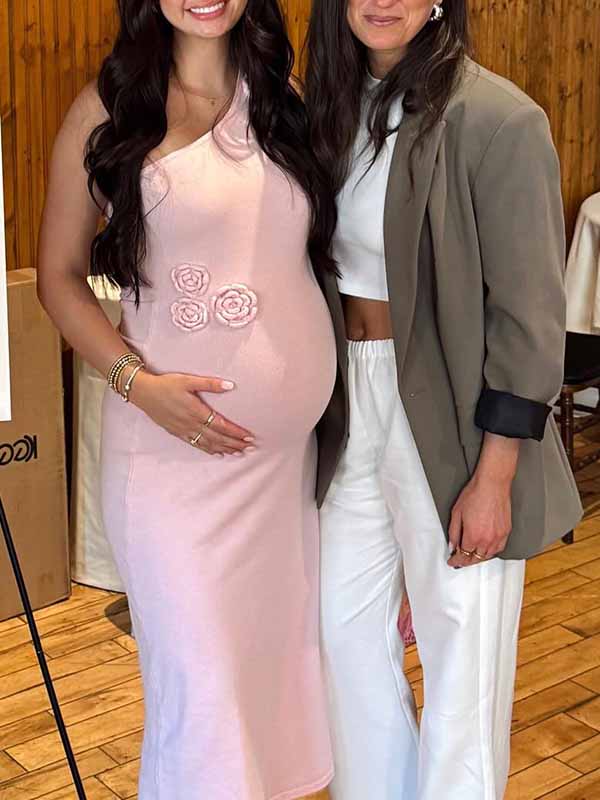 fotobeyou Pink Knit 3D Flowers One Shoulder Mermaid Maternity Maxi Dress