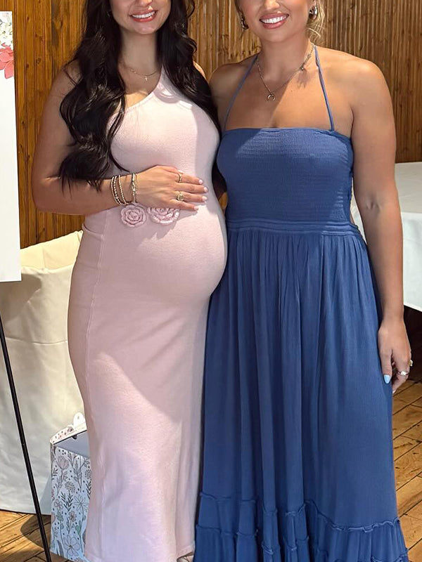 fotobeyou Pink Knit 3D Flowers One Shoulder Mermaid Maternity Maxi Dress