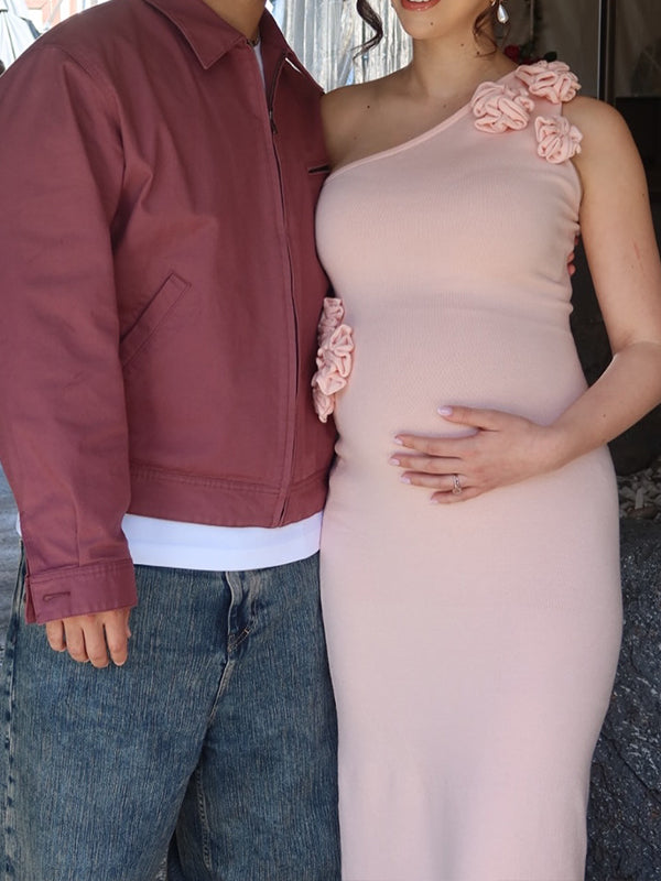 fotobeyou Pink Knit 3D Flowers One Shoulder Mermaid Maternity Maxi Dress