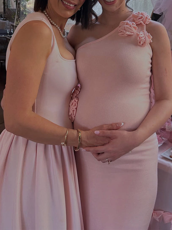 fotobeyou Pink Knit 3D Flowers One Shoulder Mermaid Maternity Maxi Dress