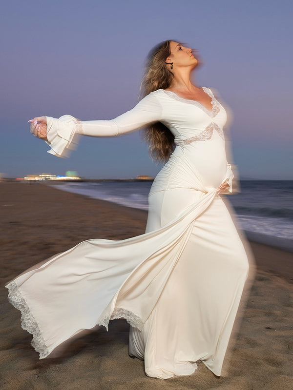 fotobeyou White Lace Ruffle Ruched Draped Big Swing Elegant Maternity Maxi Dress