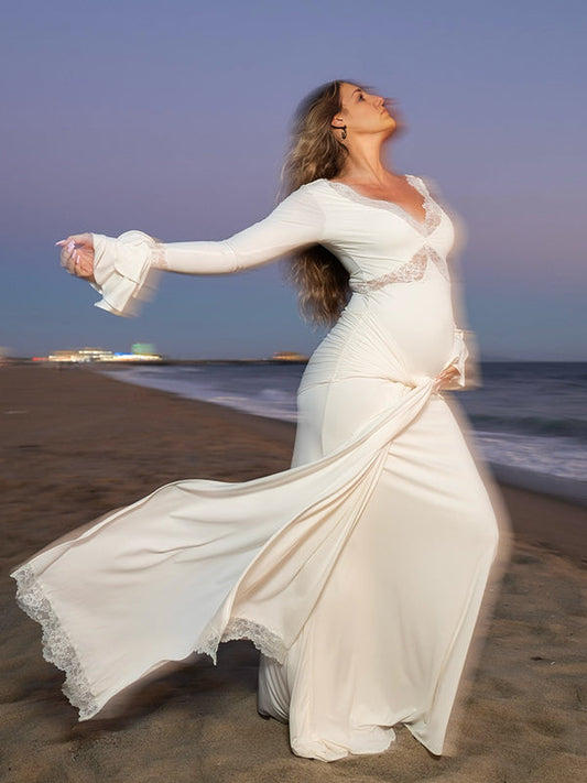 fotobeyou White Lace Ruffle Ruched Draped Big Swing Elegant Maternity Maxi Dress