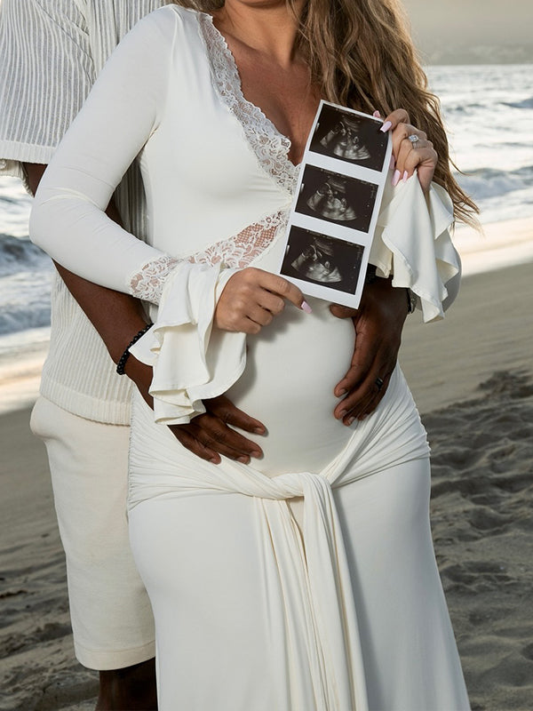 fotobeyou White Lace Ruffle Ruched Draped Big Swing Elegant Maternity Maxi Dress