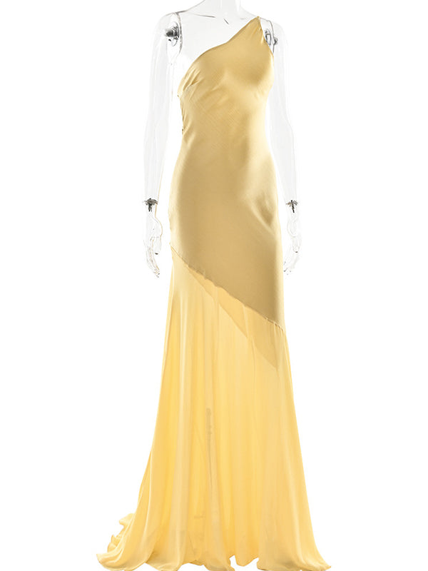 fotobeyou Satin Mesh Patchwork One Shoulder Backless Mermaid Maternity Maxi Dress
