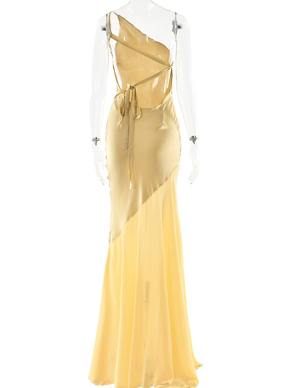 fotobeyou Satin Mesh Patchwork One Shoulder Backless Mermaid Maternity Maxi Dress