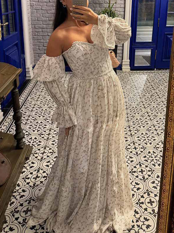 fotobeyou Beige Floral Off Shoulder Pearls Big Swing Boho Maternity Maxi Dress