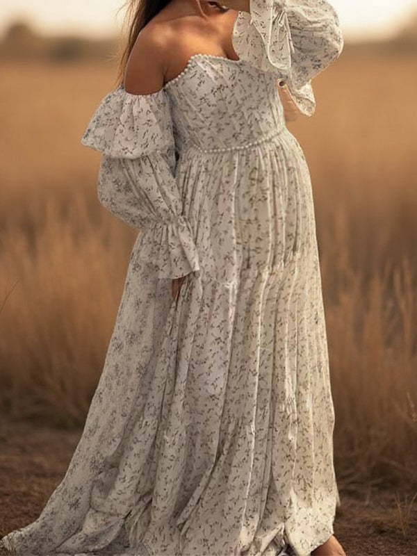 fotobeyou Beige Floral Off Shoulder Pearls Big Swing Boho Maternity Maxi Dress