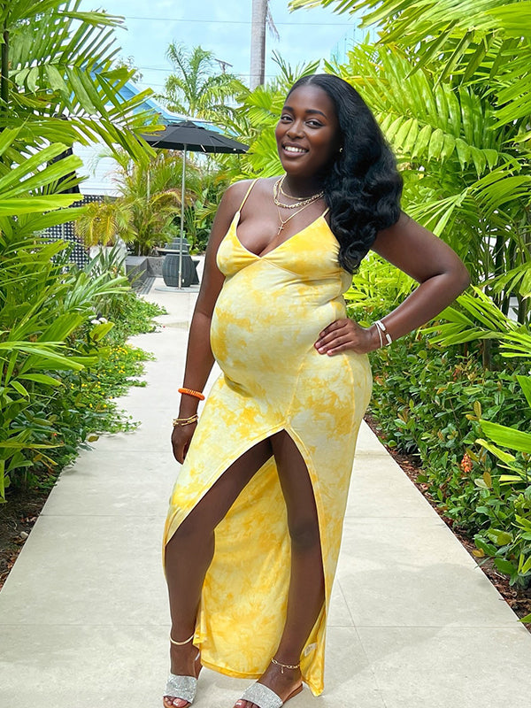 Fotobeyou Yellow Spaghetti Strap Side Slit Maternity Photoshoot Maxi Dress