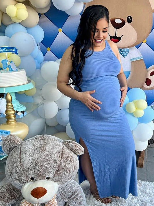 Fotobeyou Blue Round Neck Side Slit Crochet Maternity Baby Shower Maxi Dress