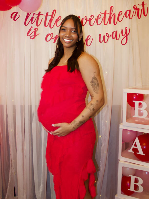 Fotobeyou Red Ruffle Grenadine Side Slit Maternity Baby Shower Maxi Dress