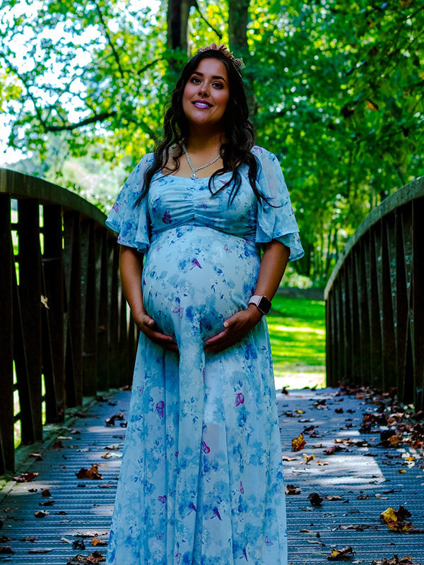 Fotobeyou Ruched Flutter Sleeve Print Maternity Photoshoot Maxi Dress