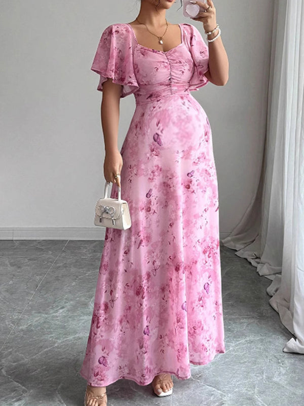 Fotobeyou Ruched Flutter Sleeve Print Maternity Photoshoot Maxi Dress