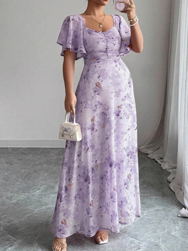 Fotobeyou Ruched Flutter Sleeve Print Maternity Photoshoot Maxi Dress