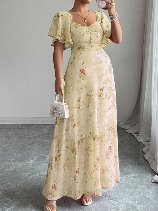 Fotobeyou Ruched Flutter Sleeve Print Maternity Photoshoot Maxi Dress