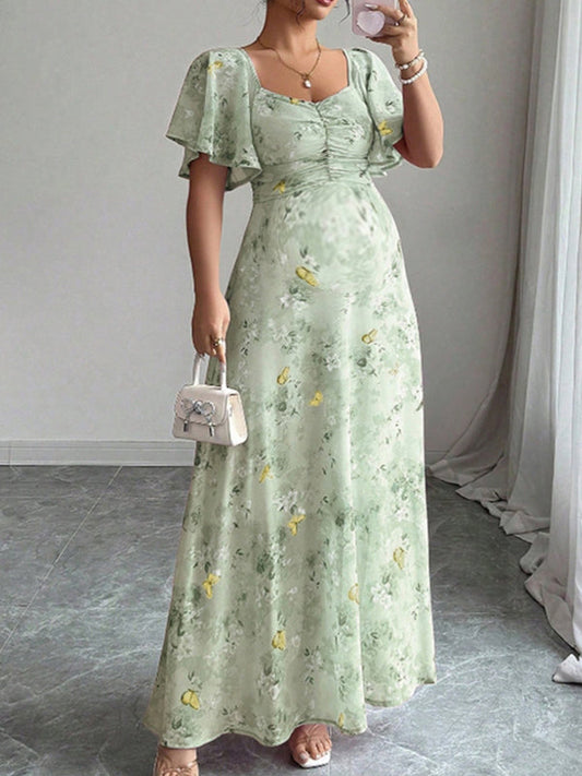 Fotobeyou Ruched Flutter Sleeve Print Maternity Photoshoot Maxi Dress