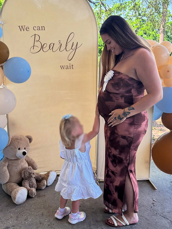 Fotobeyou Coffee Print Side Slit Grenadine Maternity Baby Shower Maxi Dress