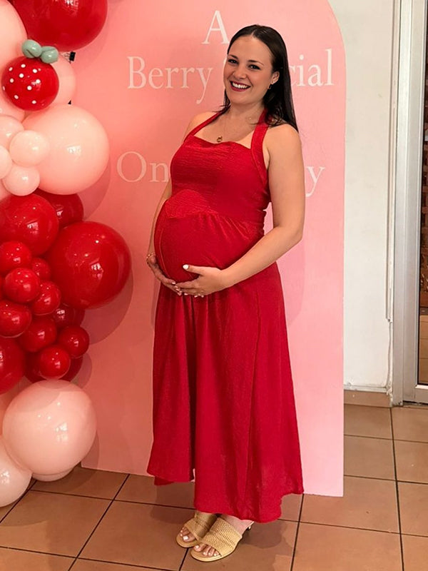 Fotobeyou Red Halter Neck Open Back Maternity Baby Shower Maxi Dress