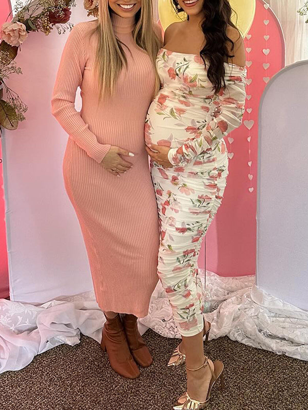 fotobeyou White Off-Shoulder Stamp Duty  Single Sleeve Side Slit Ruched Banquet Ceremony Baby Shower Maternity Photoshoot Midi Dress